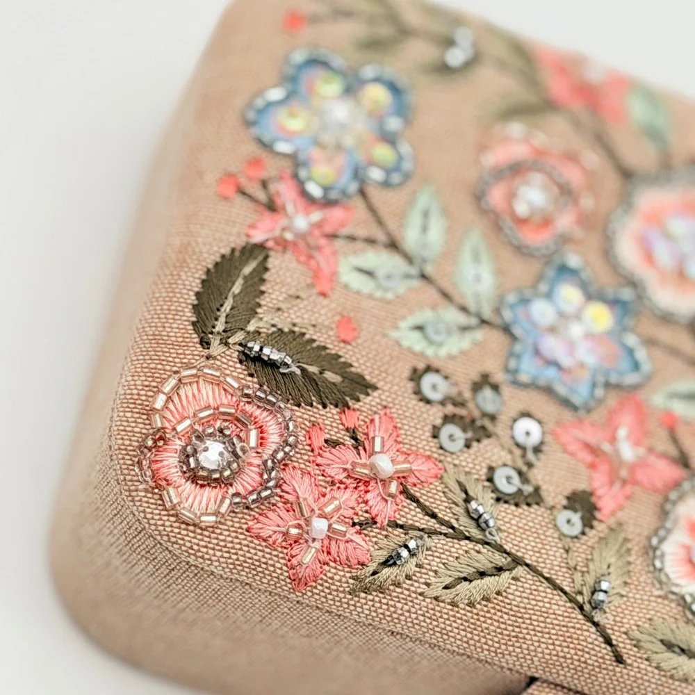 Floral Embroidered Beaded Jewelry Box Travel Case Tan Linen Boho Cottagecore